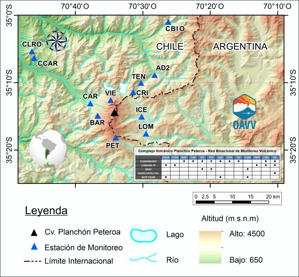 Mapa estaciones Cv. Planchon Peteroa (OAVV-SEGEMAR)