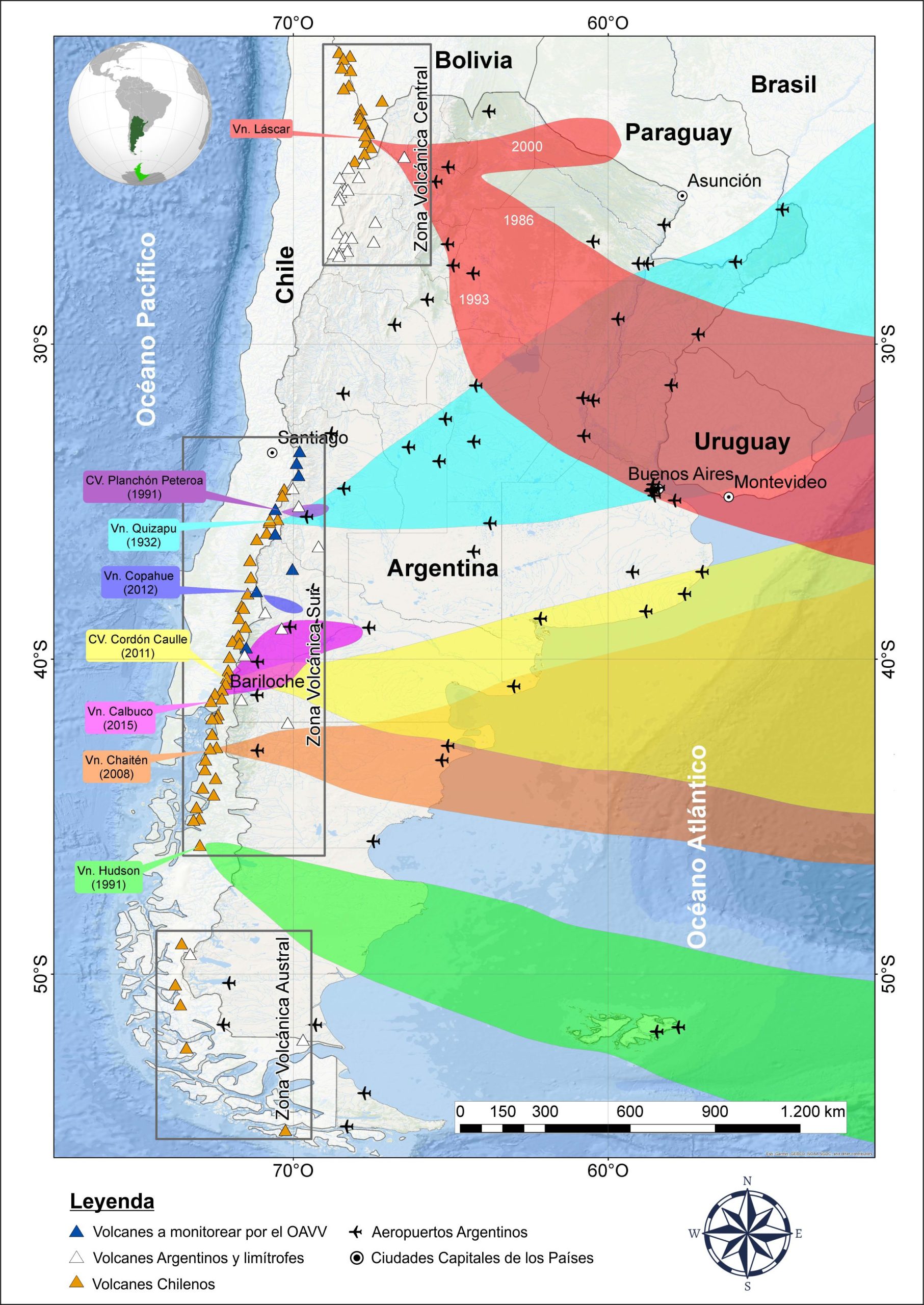 Mapa ilustrativo que representa el alcance de la dispersión de las cenizas de las erupciones históricas mejor documentadas que afectaron Argentina (Tomado de Garcia y Badi, 2021).