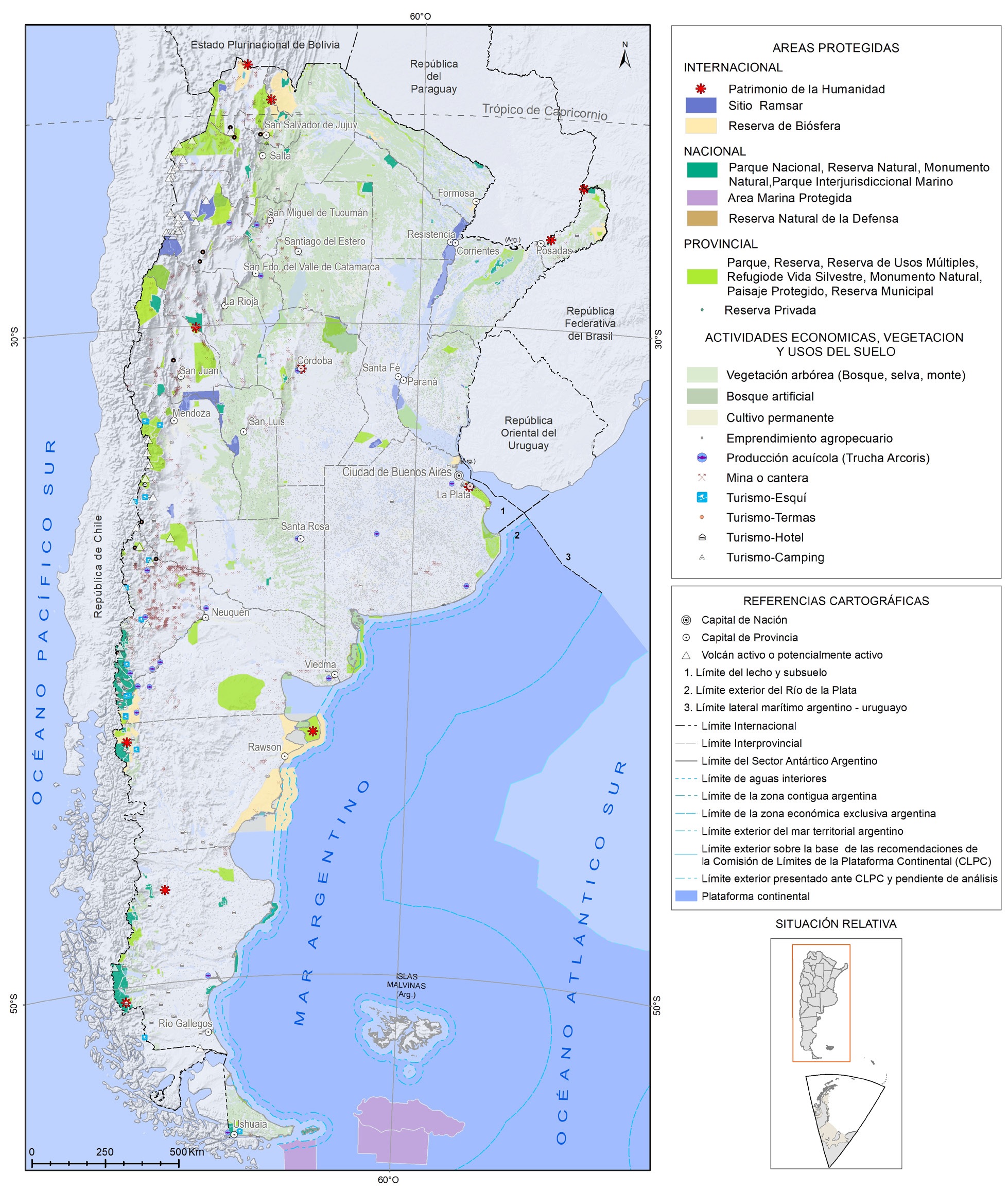 Información de base utilizada para caracterizar factor Áreas Sensibles o de Desarrollo Considerable. Incluye: áreas protegidas según jurisdicción y tipo, infraestructura de turismo (centros de esquí, centros termales, hoteles y campings), minería (minas y canteras), actividad agropecuaria (emprendimientos agropecuarios), vegetación (natural y artificial), actividad acuícola (criaderos de truchas). Fuentes: SIFAP 2022, IGN 2023, Secretaría de Energía 2022, ReFACUA 2022. Base cartográfica IGN (2023a).