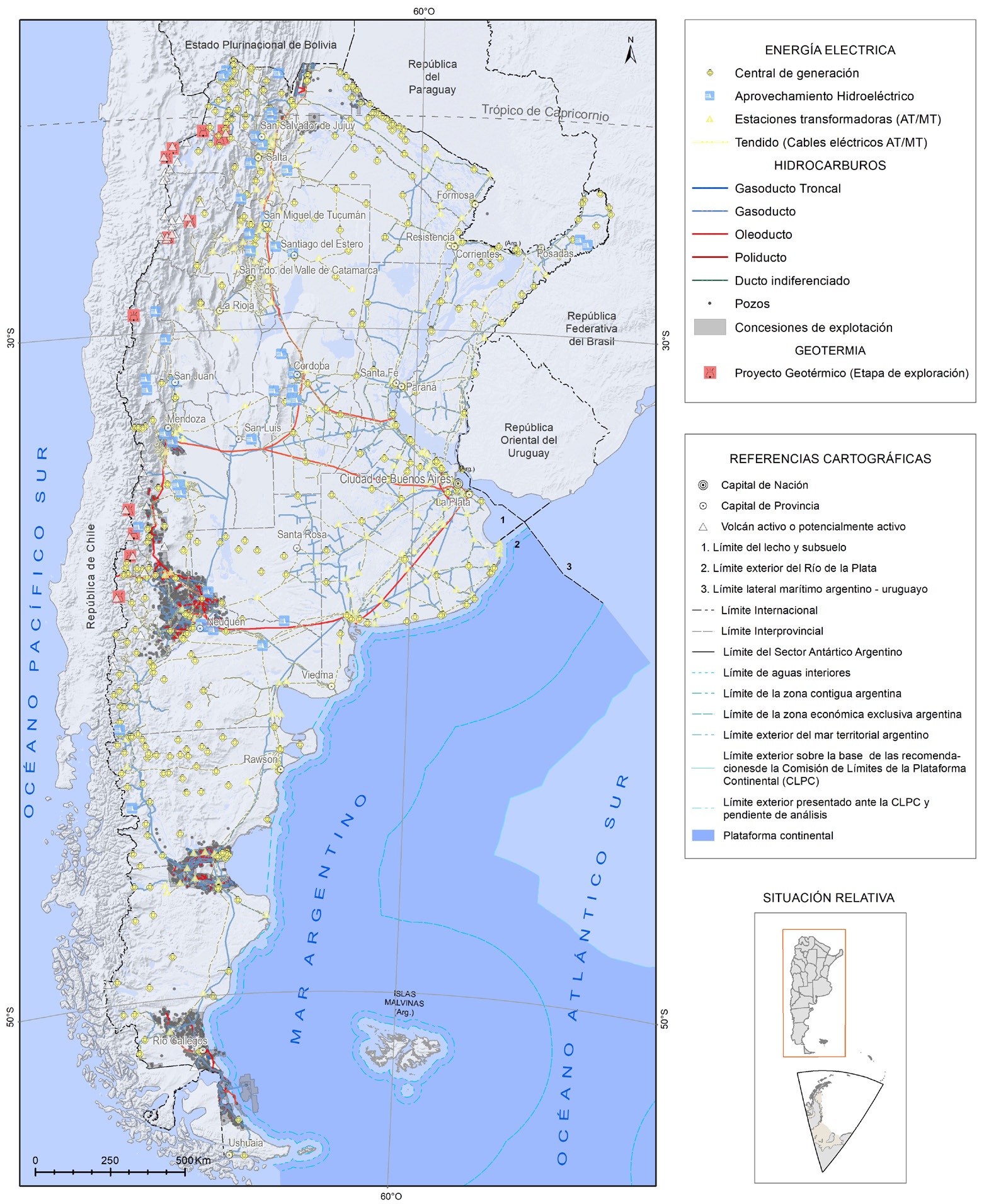 Información de base para caracterizar el factor Infraestructura de Energía. Incluye infraestructura de generación, transporte y distribución de energía eléctrica e hidrocarburos (petróleo y gas) y proyectos geotérmicos en etapa de exploración. Fuente: Secretaría de Energía 2022, Conde Serra y Johanis 2021. Base cartográfica IGN (2023a).